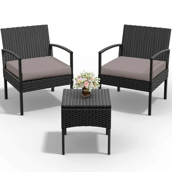 Tappio 3 Piece Outdoor Patio Furniture Set Outdoor Rattan Furniture, Patio Chairs Set of 3, Rattan Conversation Bistro Sets with Table and Cushions Brown