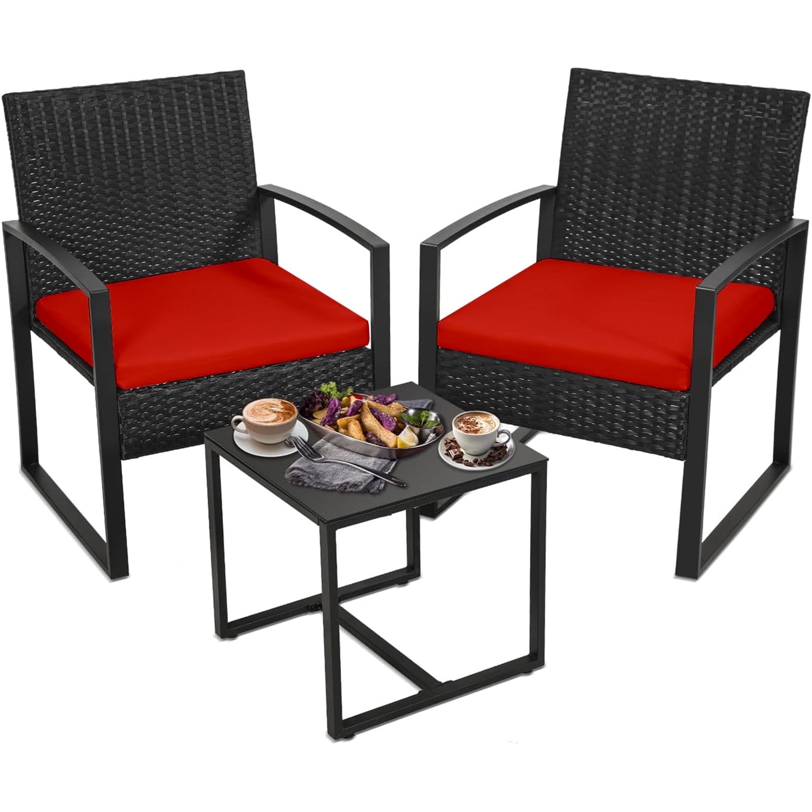 Tappio 3 Piece Outdoor Wicker Bistro Furniture Set, PE Rattan Chairs Porch Furniture Set w/Cushions & Glass Table for Yard Garden Balcony, Red