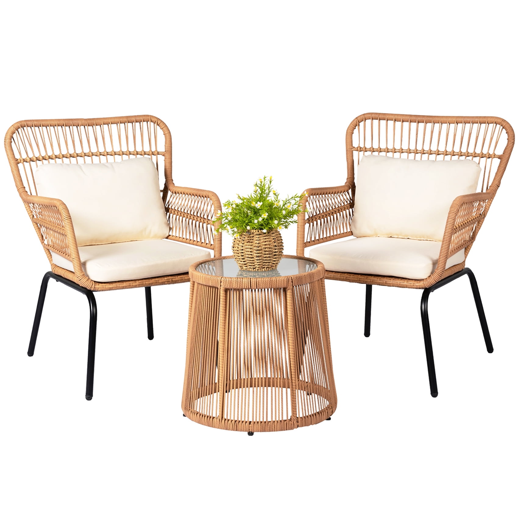 Tappio 3-Piece Patio Conversation Bistro Set Rattan Furniture, Outdoor Patio Set w/Glass Top Table & Cushions for Garden Balcony Backyard Poolside, Yellow/Beige