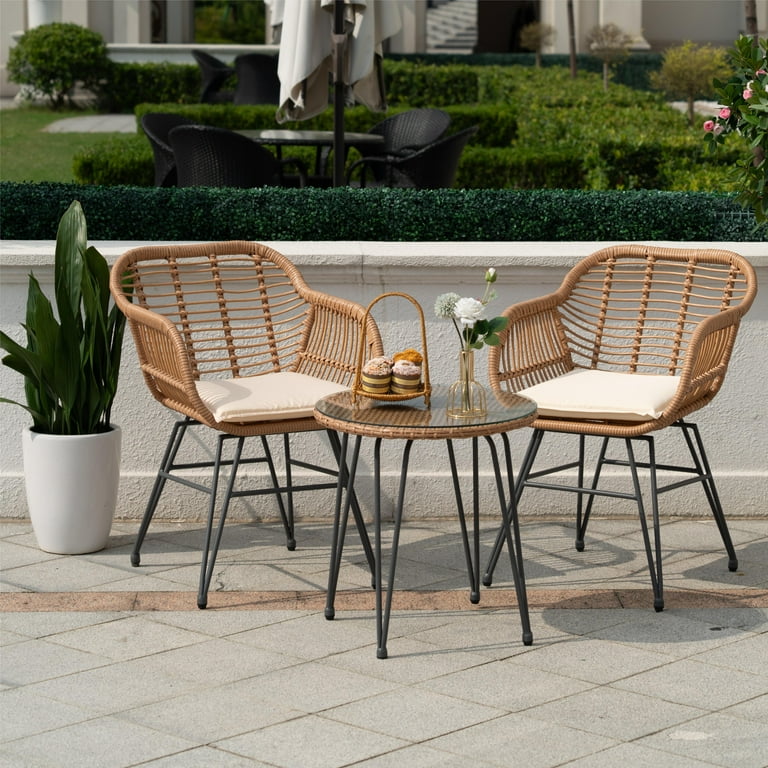 Tappio 3 Piece Outdoor Wicker Furniture Patio Bistro Set, PE Rattan Wicker  Chairs Set with Table and Cushions, Porch Balcony Furniture Set for Porch