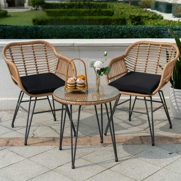 Tappio 3 Piece Outdoor Wicker Furniture Patio Bistro Set, PE Rattan Patio Chairs Set w/Table & Cushions, Modern Outdoor Patio Furniture for Porch Poolside Garden, Black