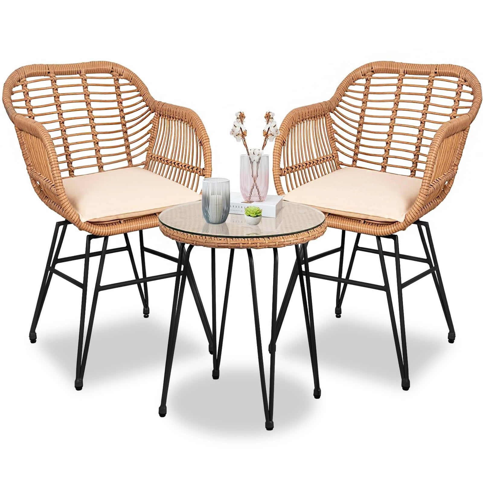Beige PE Rattan 3-Piece Outdoor Bistro Set with Cushions