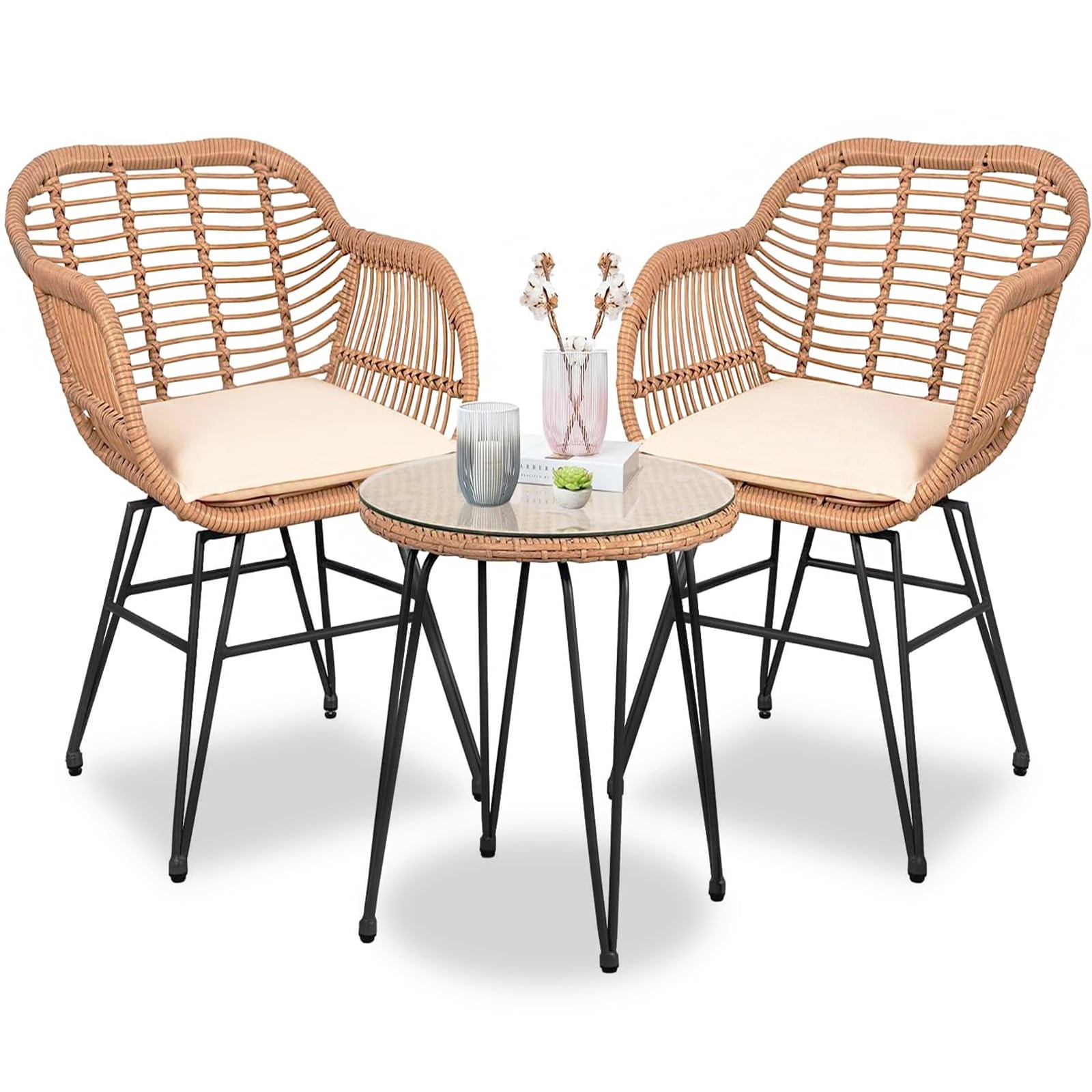 Beige PE Rattan 3-Piece Outdoor Bistro Set with Cushions