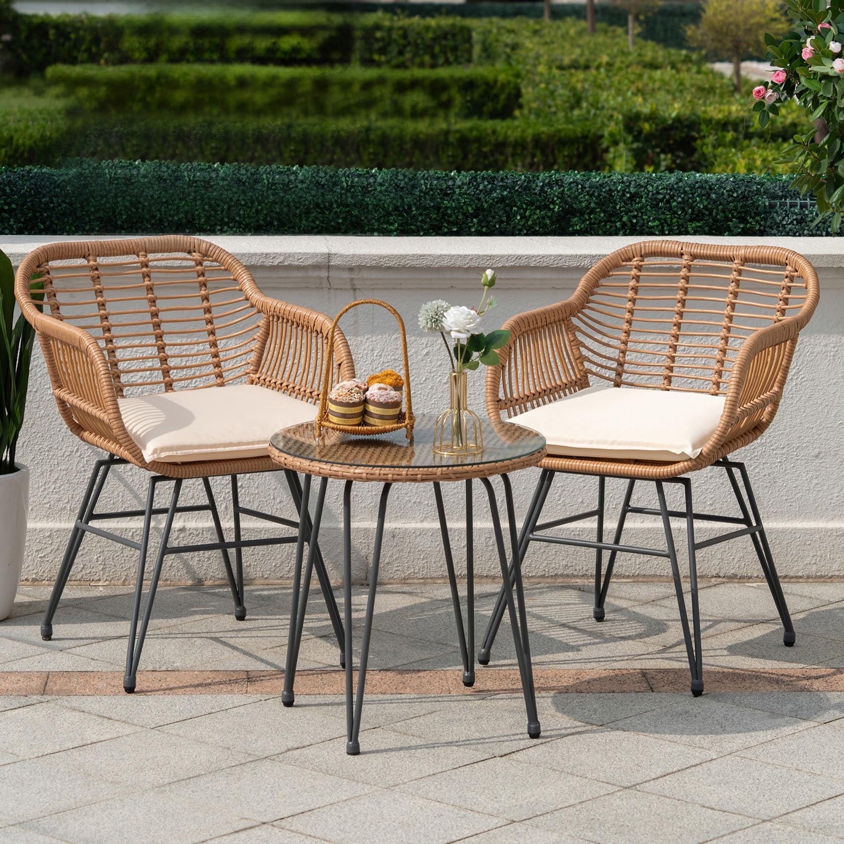 Tappio 3 Piece Outdoor Wicker Furniture Patio Bistro Set, PE Rattan Patio Chairs Set w/Table & Cushions, Modern Outdoor Patio Furniture for Porch Poolside Garden, Beige - Walmart.com