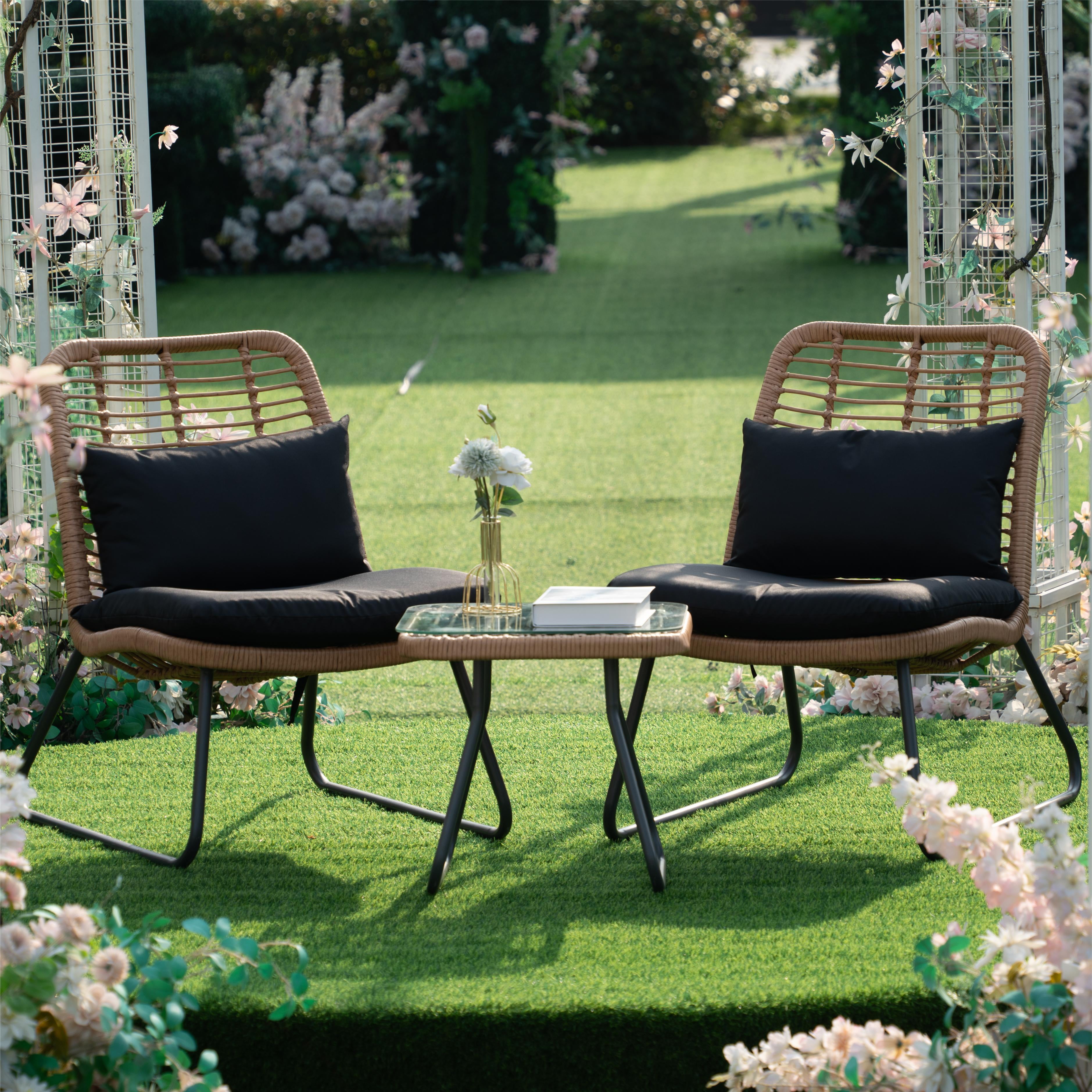 Tappio 3 Piece Outdoor Wicker Patio Conversation Set, Rattan Bistro Set