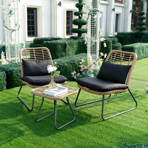 Tappio 3 Piece Outdoor Wicker Patio Conversation Set, Rattan Bistro Set w/Side Table, Space Saving Patio Furniture for Yard and Garden, Black