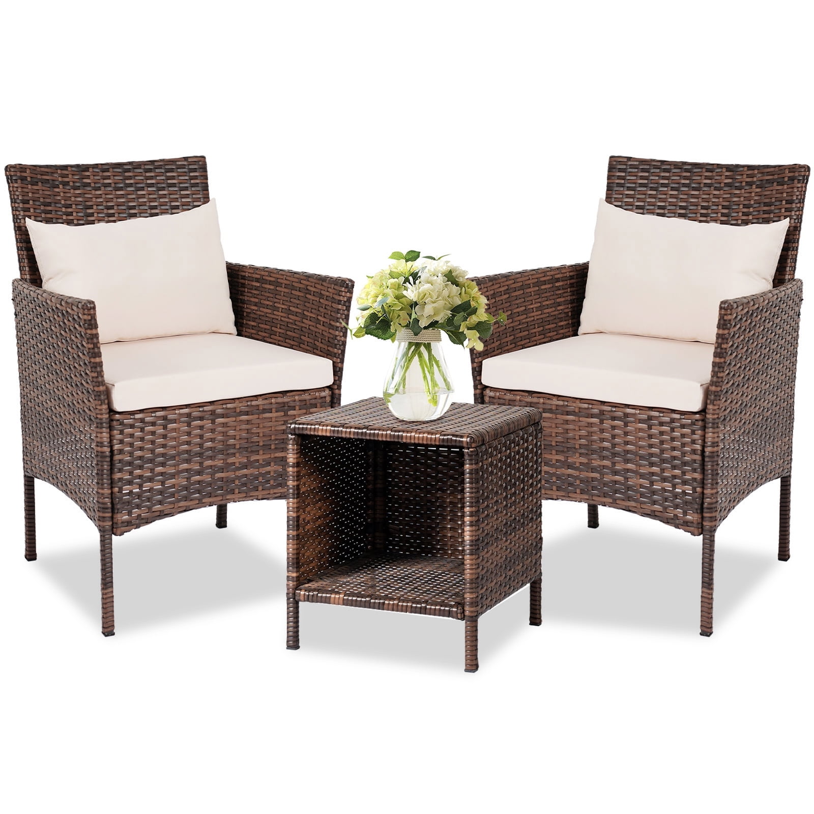 Brown and Beige Wicker 3-Piece Patio Bistro Set with Cushions