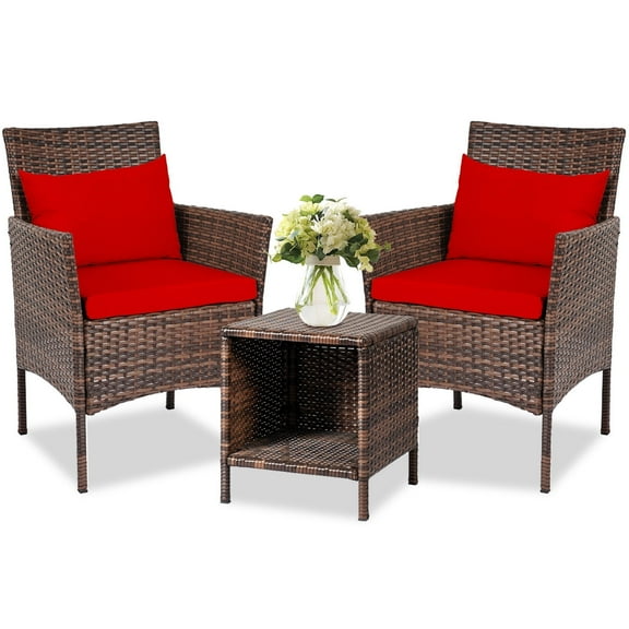 Tappio 3 Piece Patio Conversation Bistro Set Outdoor Chat Furniture, Porch Balcony Furniture Set,Wicker Chairs and Storable Table Set for Patio Balcony Backyard Apartment, Brown/Red