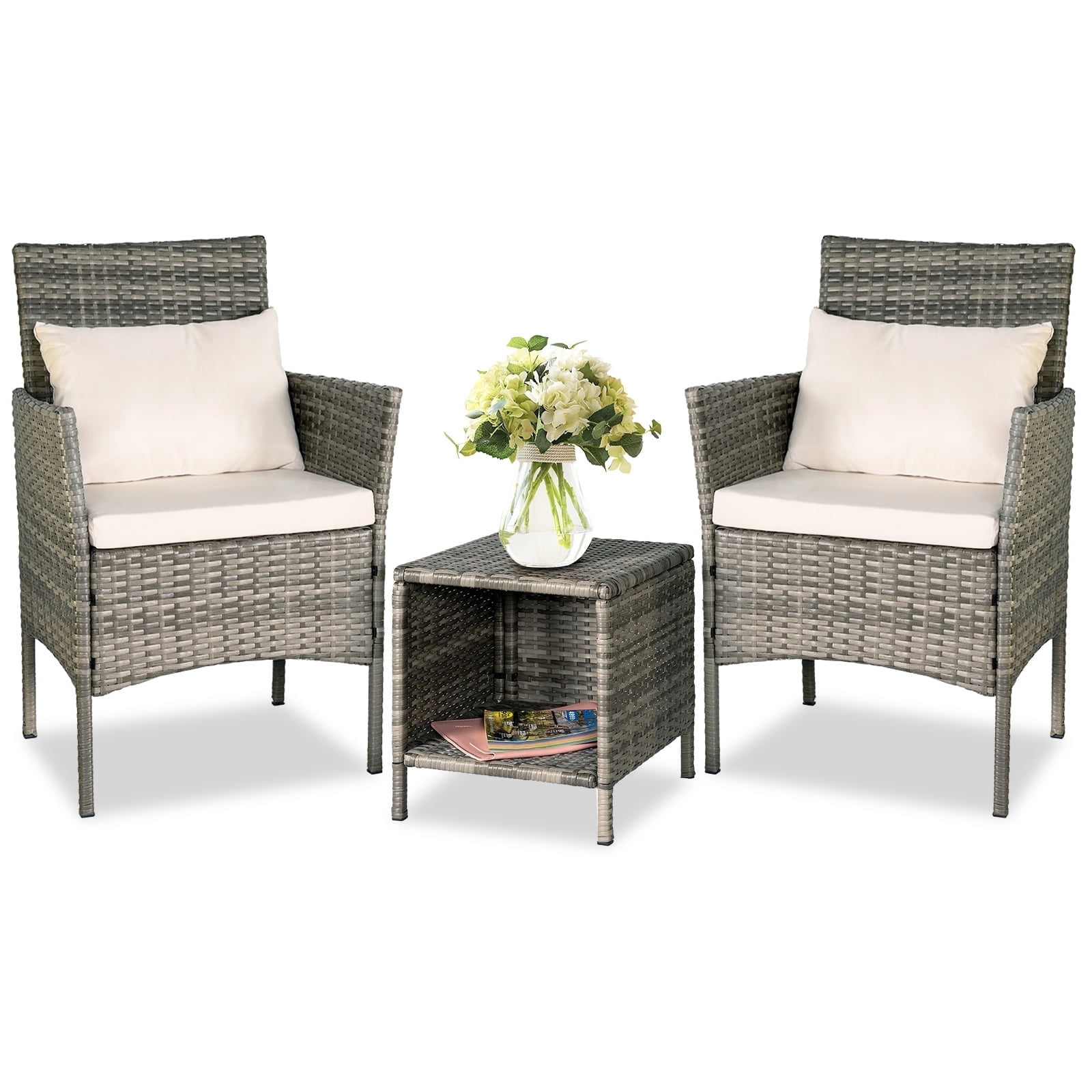 Tappio 3 Piece Patio Conversation Bistro Set Outdoor Chat Furniture, Porch Balcony Furniture Set,Wicker Chairs and Storable Table Set for Patio Balcony Backyard Apartment, Gray/Beige