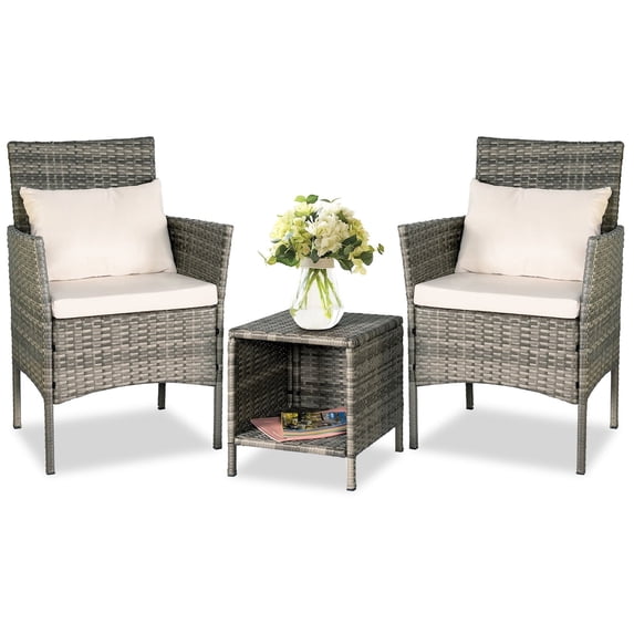 Tappio 3 Piece Patio Conversation Bistro Set Outdoor Chat Furniture, Porch Balcony Furniture Set,Wicker Chairs and Storable Table Set for Patio Balcony Backyard Apartment, Gray/Beige