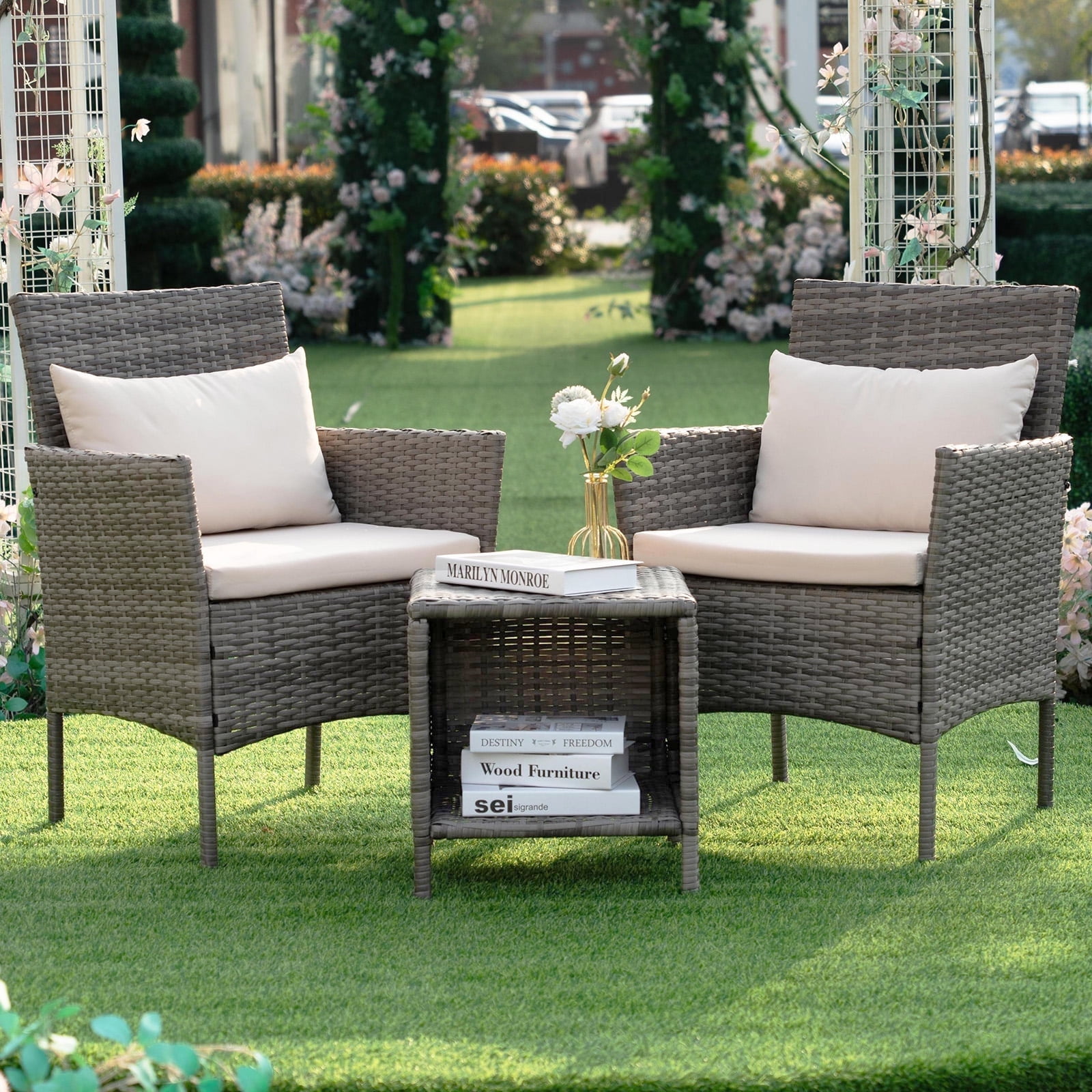 Walmart Deal of Tappio 3-Piece Bistro Set, Outdoor Chat Furniture, Wicker Chairs & Storable Table, Beige