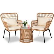 Tappio 3-Piece Patio Conversation Bistro Set Rattan Furniture, Outdoor Patio Set w/Glass Top Table & Cushions for Garden Balcony Backyard Poolside, Yellow/Beige