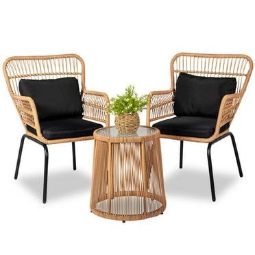 Tappio 3-Piece Patio Conversation Bistro Set Rattan Furniture, Outdoor Patio Set w/Glass Top Table & Cushions for Garden Balcony Backyard Poolside, Yellow/Black