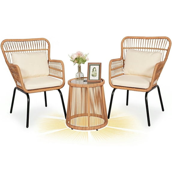 Tappio 3-Piece Patio Conversation Bistro Set Rattan Furniture, Outdoor Patio Set w/Solar Light Glass Top Table & Cushions for Garden Balcony Backyard Poolside, Yellow/Beige