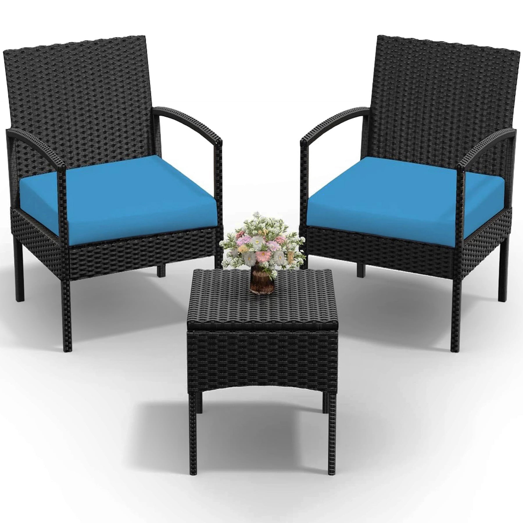 Tappio 3 Pieces Patio Conversation Set Outdoor Furniture Set, Patio Bistro Set All-weather Wicker Chairs and Table with Cushions, Blue