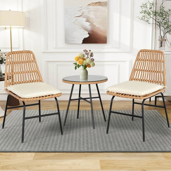 Tappio 3 Pieces Wicker Patio Chairs Furniture Set, Outdoor Bistro Set with Coffee Table, Porch Chairs Rattan Conversation Set for Lawn Balcony Backyard Garden, Beige