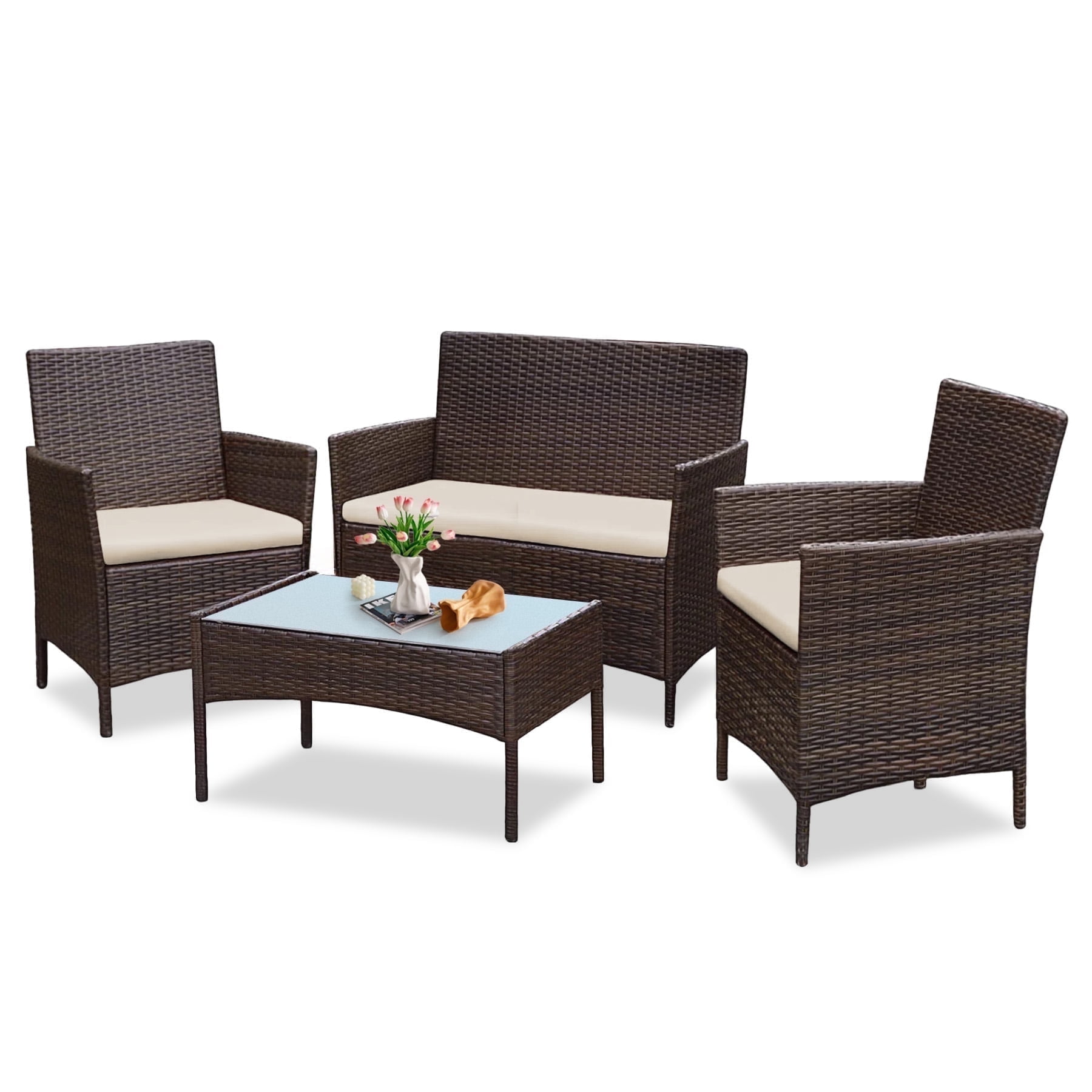 Tappio 4 PCS Outdoor Rattan Furniture Patio Conversation Set, Wicker Sofa Garden Conversation Bistro Sets for Yard, Pool or Backyard, Brown/Beige