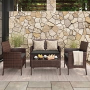 Tappio 4 PCS Outdoor Rattan Furniture Patio Conversation Set, Wicker Sofa Garden Conversation Bistro Sets for Yard, Pool or Backyard, Brown/Dark Gray