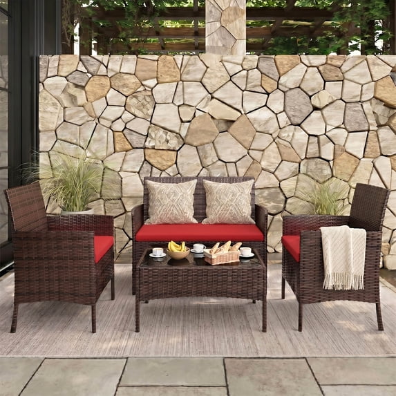Tappio 4 PCS Outdoor Rattan Furniture Patio Conversation Set, Wicker Sofa Garden Conversation Bistro Sets for Yard, Pool or Backyard, Brown/Red