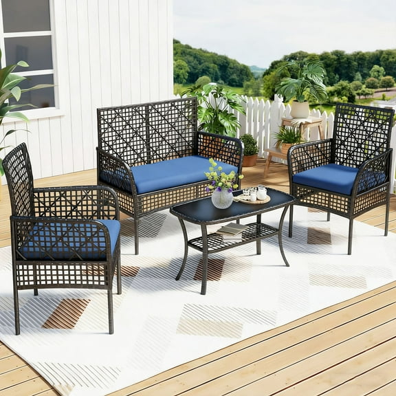 Tappio 4 Piece Outdoor Rattan Furniture Patio Conversation Set, Wicker Sofa Outdoor Patio Sets with Cushions and 2-Tier Table for Yard, Pool or Backyard, Blue