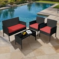thumbnail image 1 of Tappio 4 Piece Patio Conversation Wicker Furniture Set, Outdoor Patio Sectional Furniture Set w/Glass-Top Coffee Table & Cushions, Cushioned Sofa Table for Patio, Red, 1 of 9