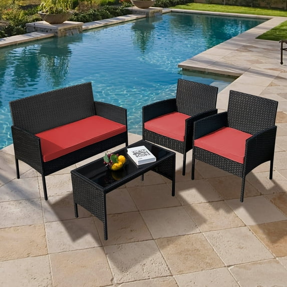Tappio 4 Piece Patio Conversation Wicker Furniture Set, Outdoor Patio Sectional Furniture Set w/Glass-Top Coffee Table & Cushions, Cushioned Sofa Table for Patio, Red