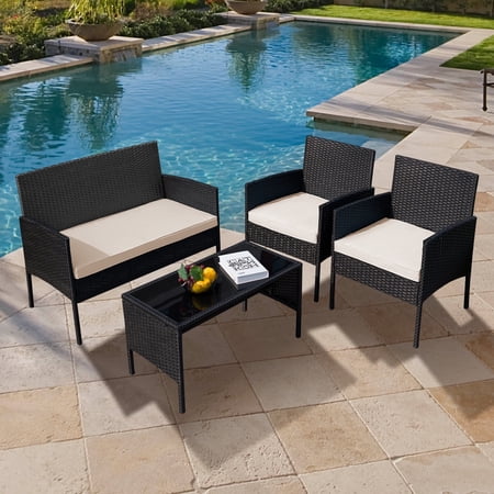 Tappio 4 Piece Patio Conversation Wicker Furniture Set, Outdoor Patio Sectional Furniture Set w/Glass-Top Coffee Table & Cushions, Cushioned Sofa Table for Patio, Beige