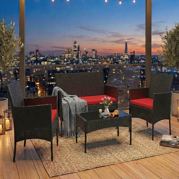Tappio 4 Piece Patio Conversation Wicker Furniture Set, Porch Furniture Outdoor Sectional Furniture Set w/Coffee Table & Cushions Wicker Sofa Garden Conversation Set for Yard Pool Backyard, Black/Red