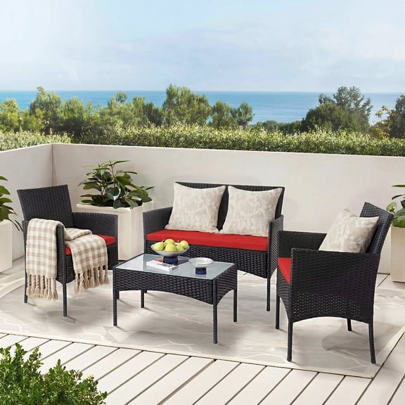 Tappio 4 Piece Patio Conversation Wicker Furniture Set, Porch Furniture Outdoor Sectional Furniture Set w/Coffee Table & Cushions Wicker Sofa Garden Conversation Set for Yard Pool Backyard, Black/Red