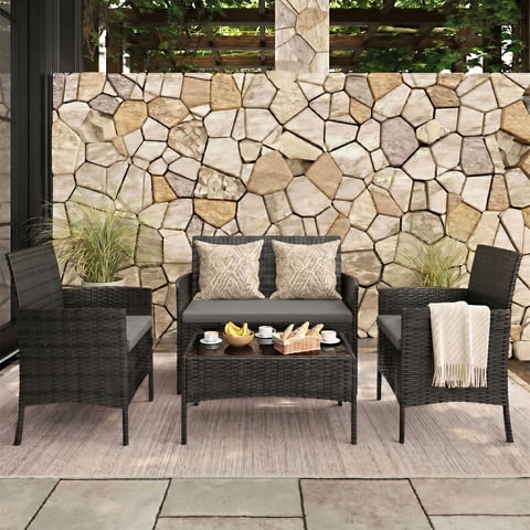 Tappio 4 Piece Patio Conversation Wicker Furniture Set, Porch Furniture Outdoor Sectional Furniture Set w/Side Table & Cushions, Wicker Sofa Garden Conversation Set for Yard Pool Backyard, Black/Gray