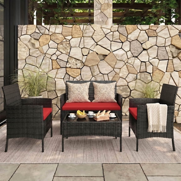 Tappio 4 Piece Patio Conversation Wicker Furniture Set, Porch Furniture Outdoor Sectional Furniture Set w/Coffee Table & Cushions Wicker Sofa Garden Conversation Set for Yard Pool Backyard, Black/Red