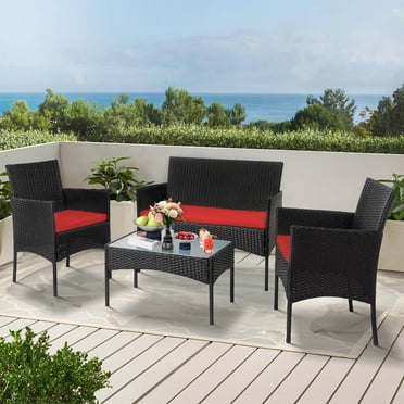 Tappio 4 Piece Patio Conversation Wicker Furniture Set, Porch Furniture Outdoor Sectional Furniture Set w/Coffee Table & Cushions Wicker Sofa Garden Conversation Set for Yard Pool Backyard,Black/Red