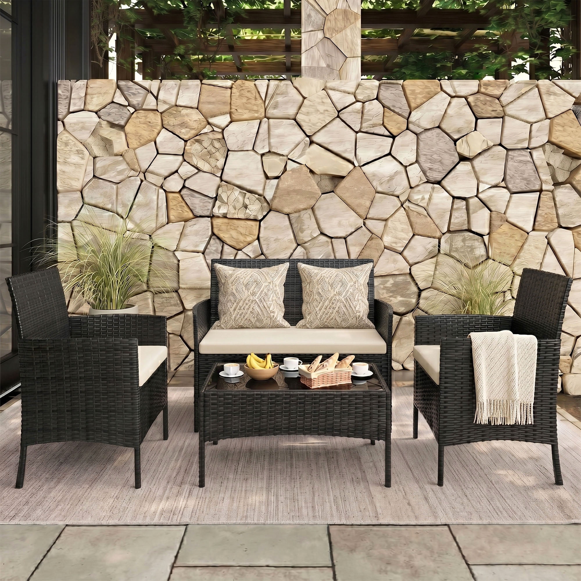 Tappio 4 Piece Patio Conversation Wicker Furniture Set, Porch Furniture Outdoor Sectional Furniture Set w/Side Table & Cushions, Wicker Sofa Garden Conversation Set for Yard Pool Backyard,Black/Beige