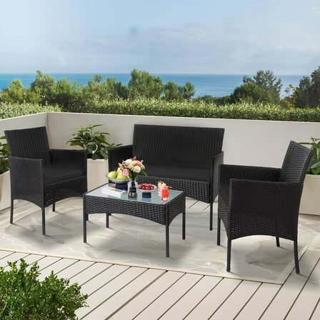 Tappio 4 Piece Patio Conversation Wicker Furniture Set, Porch Furniture Outdoor Sectional Furniture Set w/Side Table & Cushions, Wicker Sofa Garden Conversation Set for Yard Pool Backyard,Black/Black