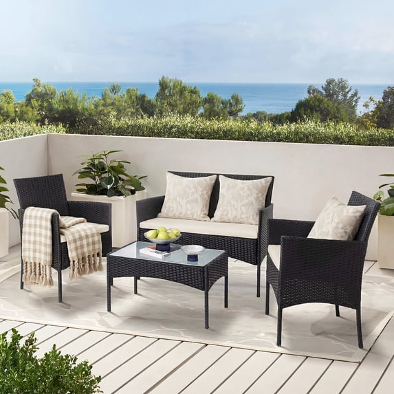 Tappio 4 Piece Patio Conversation Wicker Furniture Set, Porch Furniture Outdoor Sectional Furniture Set w/Side Table & Cushions, Wicker Sofa Garden Conversation Set for Yard Pool Backyard,Black/Beige