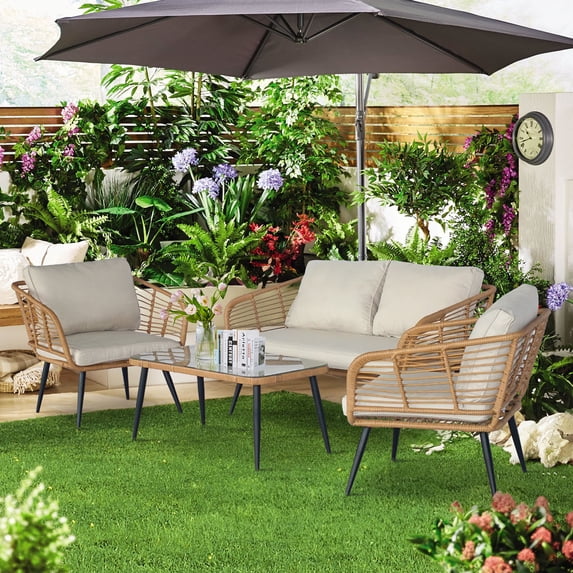Tappio 4-Piece Rattan Patio Furniture Set, Outdoor Wicker Conversation Set with Tempered Glass Table, Beige