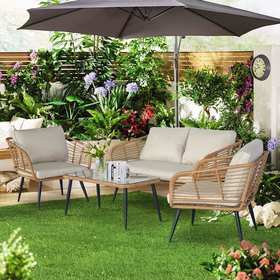 Tappio 4-Piece Rattan Patio Furniture Set, Outdoor Wicker Conversation Set with Tempered Glass Table, Beige