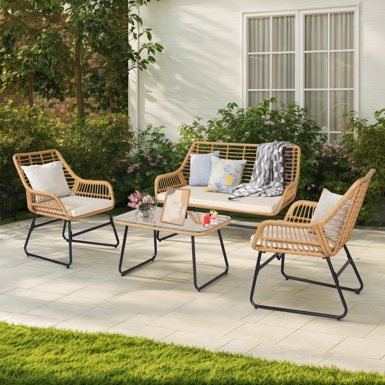 Tappio 4-Piece Rattan Patio Furniture Set, Outdoor Wicker Conversation Set with Tempered Glass Table, Beige