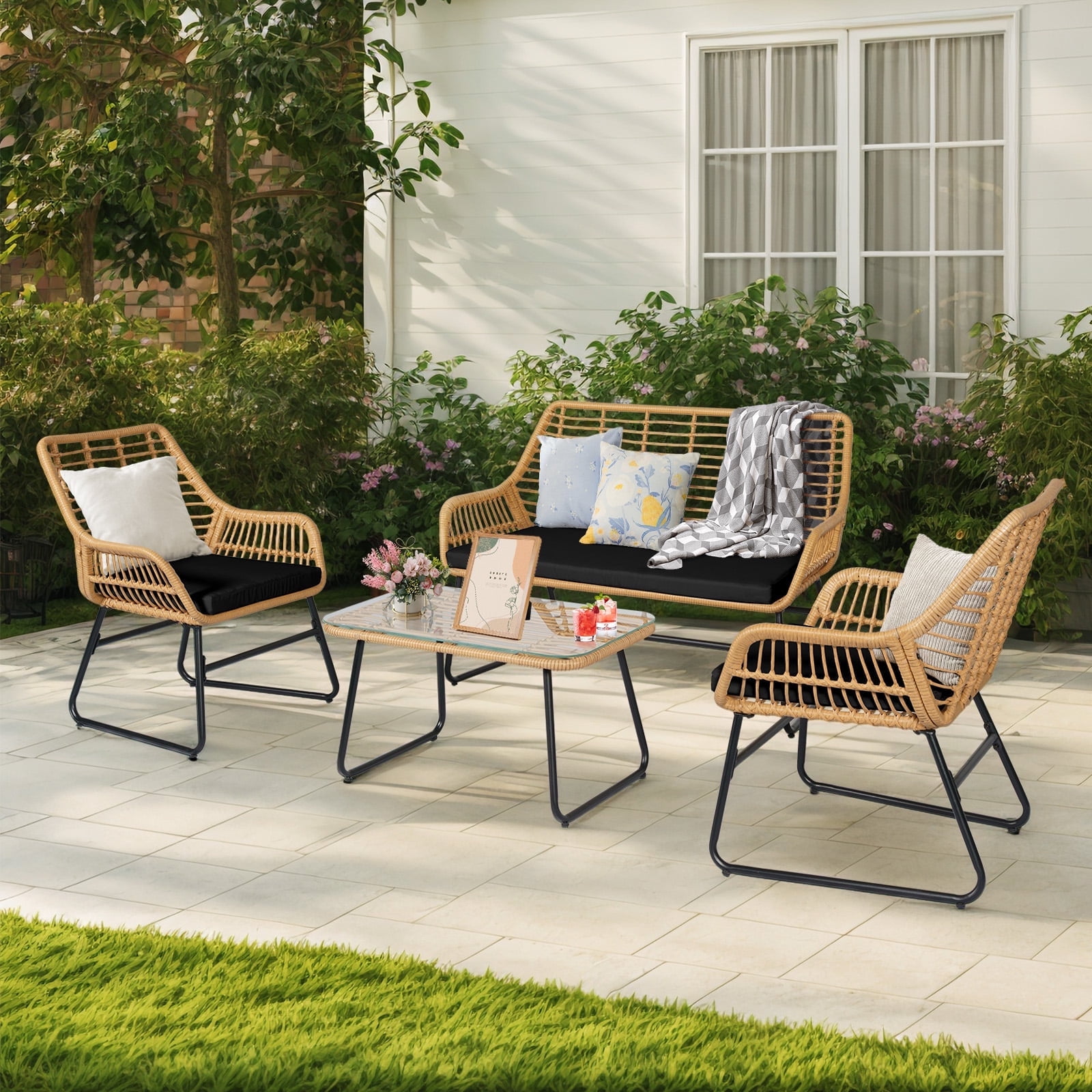 Tappio 4-Piece Rattan Patio Furniture Set, Outdoor Wicker Conversation Set with Tempered Glass Table, Black