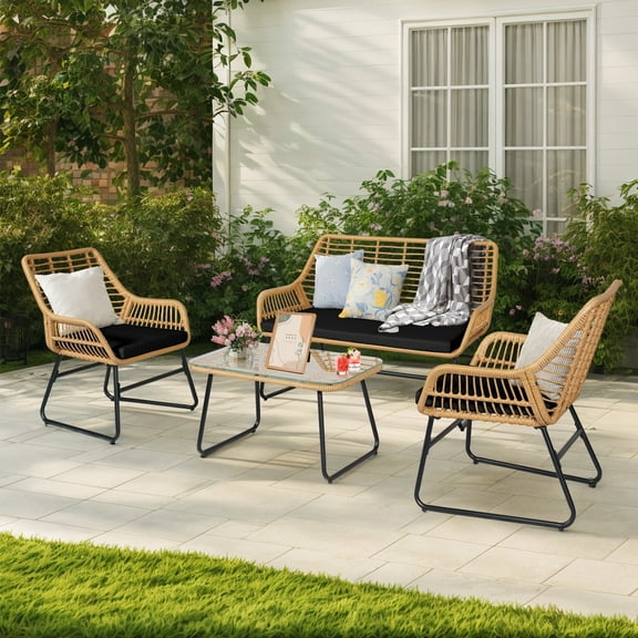 Tappio 4-Piece Rattan Patio Furniture Set, Outdoor Wicker Conversation Set with Tempered Glass Table, Black