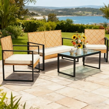 Tappio 4 Pieces Patio Furniture Set, Outdoor Wicker Patio Conversation Sets with Cushion and Glass Table, Front Porch Furniture Sets for Yard Pool Backyard Garden