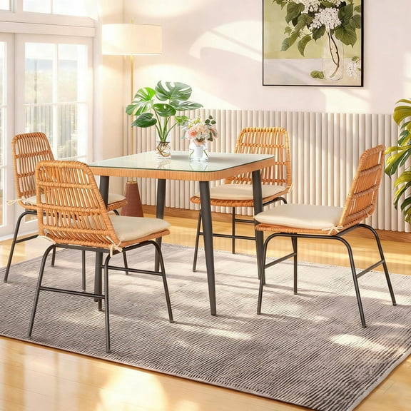 Tappio 5 Piece Outdoor Patio Dining Set, Rattan Dining Chairs with Tempered Glass Table, Patio Conversation Sets for Balcony Poolside Backyard, Beige