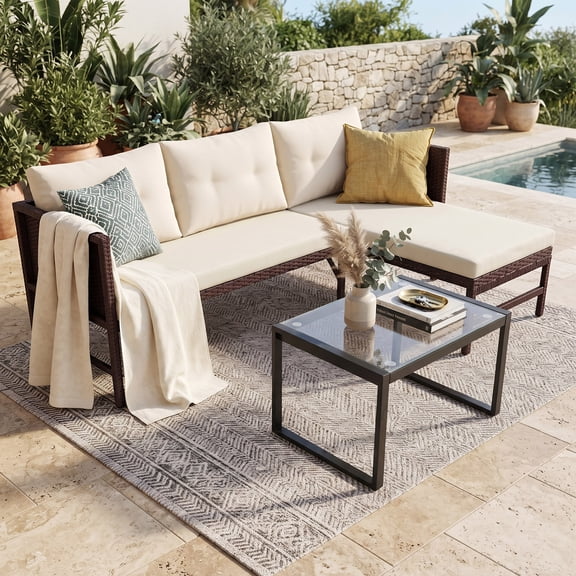 Tappio 5 Piece Patio Furniture Sets, Outdoor Patio Set Sectional Sofa, All-Weather PE Rattan Outdoor Couch with Cushion and Glass Table for Garden, Backyard, Porch, Brown/ Beige