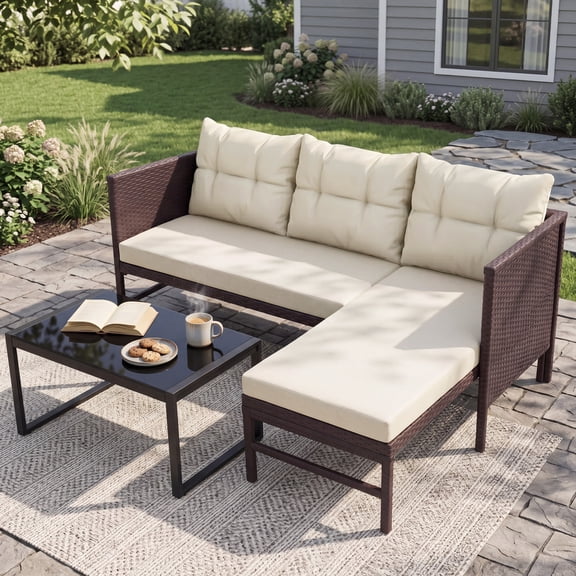 Tappio 5 Piece Patio Furniture Sets, Outdoor Patio Set Sectional Sofa, All-Weather PE Rattan Outdoor Couch with Cushion and Glass Table for Garden, Backyard, Porch, Brown/ Beige