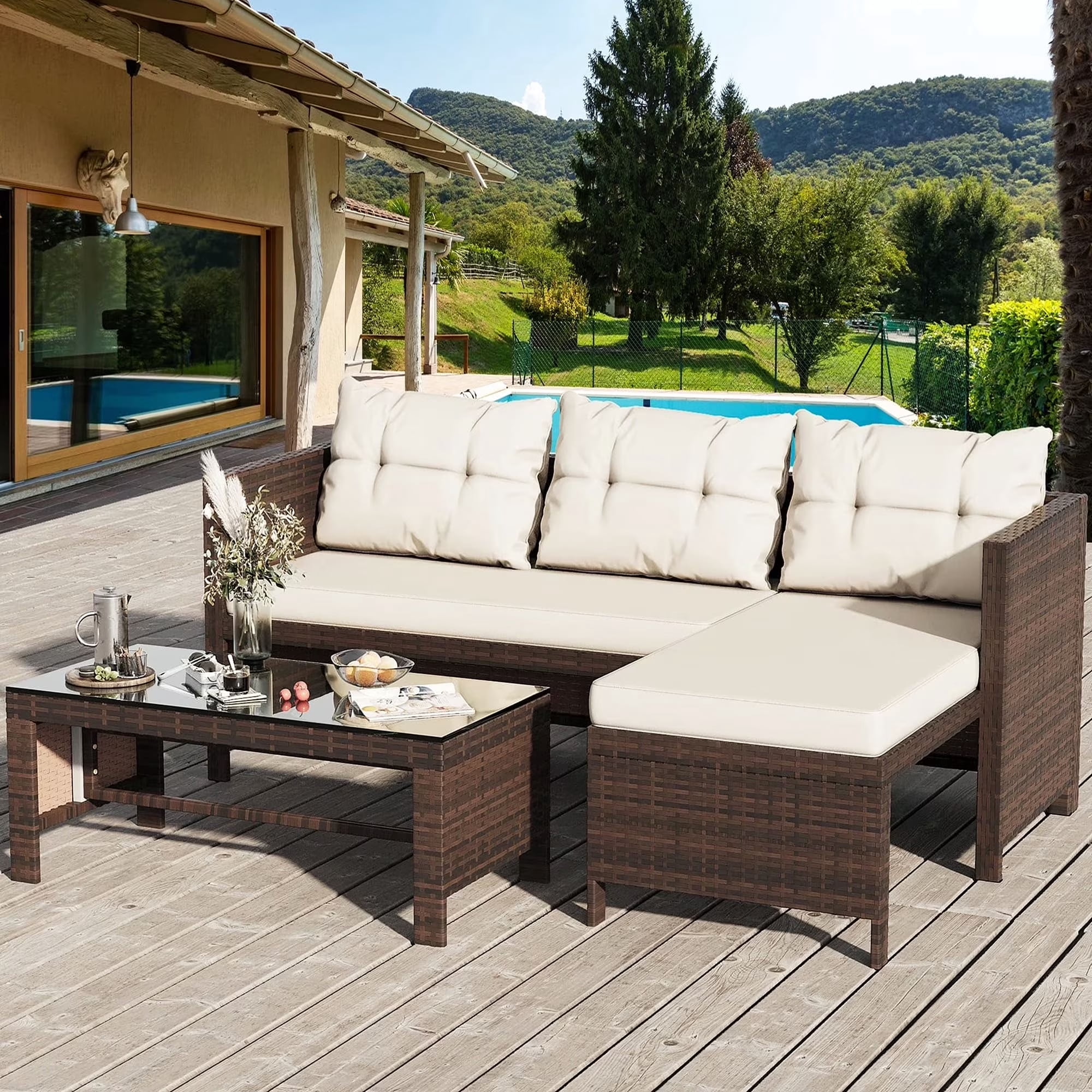 Tappio 5 Pieces Patio Furniture Sets All Weather Outdoor Sectional Patio Sofa Manual Weaving Wicker Rattan Patio Seating Sofas with Cushion and Glass Table
