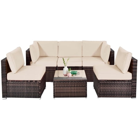 Tappio 6 Pieces Patio Furniture Set, All-Weather PE Rattan Sectional Sofa with Tempered Glass Coffee Table & Waterproof Cushions, Outdoor Modern Sectional Furniture for Garden Lawn Yard, Brown/Beige