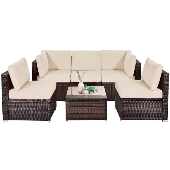 Tappio 6 Pieces Patio Furniture Set, All-Weather PE Rattan Sectional Sofa with Tempered Glass Coffee Table & Waterproof Cushions, Outdoor Modern Sectional Furniture for Garden Lawn Yard, Brown/Beige