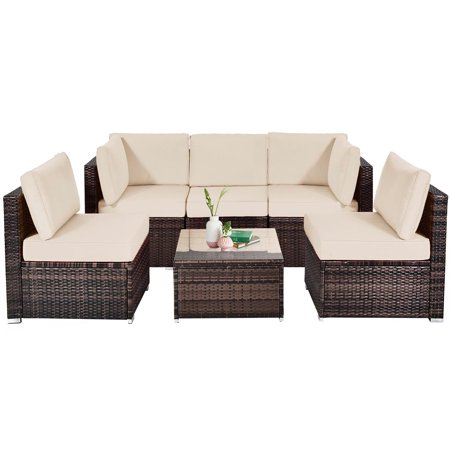 Tappio 6 Pieces Patio Conversation Set, Rattan Sectional Sofa Set, All-Weather Outdoor Modern Sectional Furniture for Garden Lawn Yard, Brown/Beige