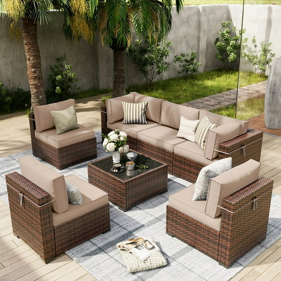 Tappio 7 Pieces Outdoor Patio Furniture Sets, PE Rattan Wicker Patio Conversation Sectional Set with Washable Thick Cushions and Coffee Table, Brown/Beige