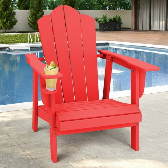 Tappio HDPE Adirondack Chair, Patio Seat All Weather Outdoor Patio Chair with Cup Holder for Lawn Yard Fire Pit, Red